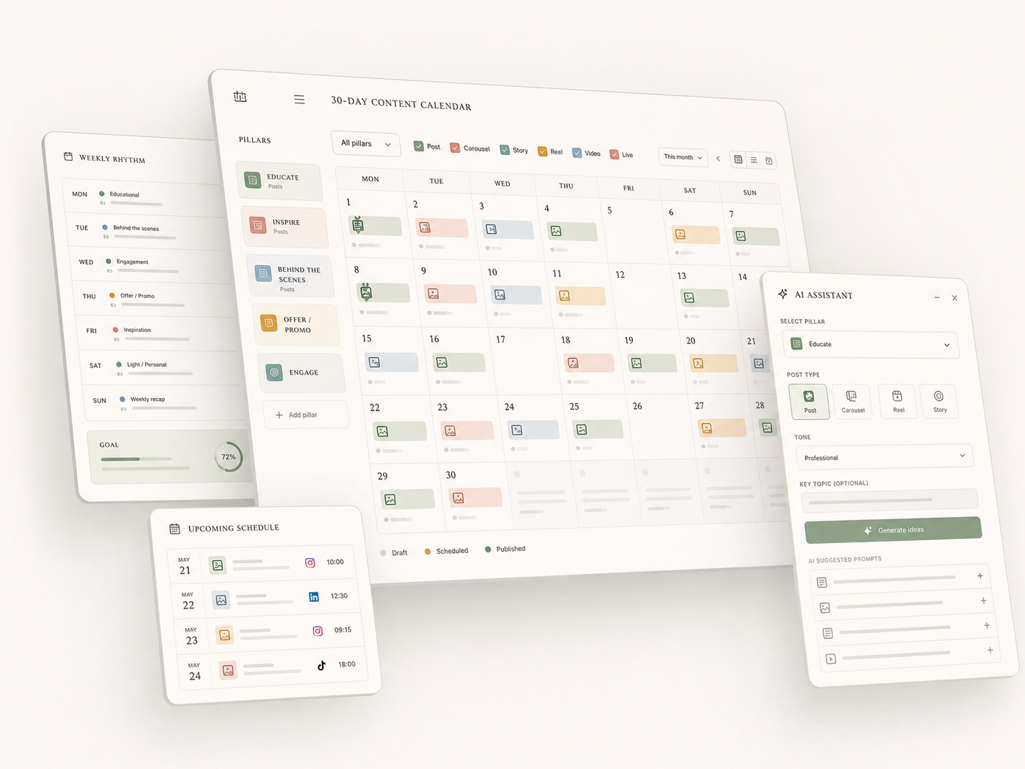 30-day content calendar with color-coded post types