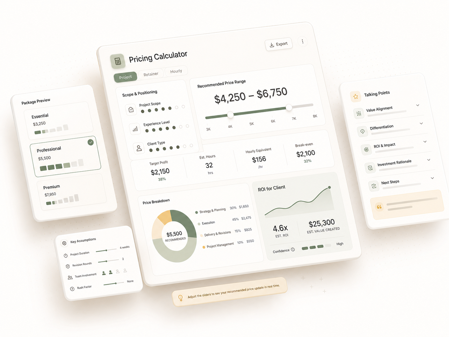 Pricing Calculator showing recommended price range and talking points